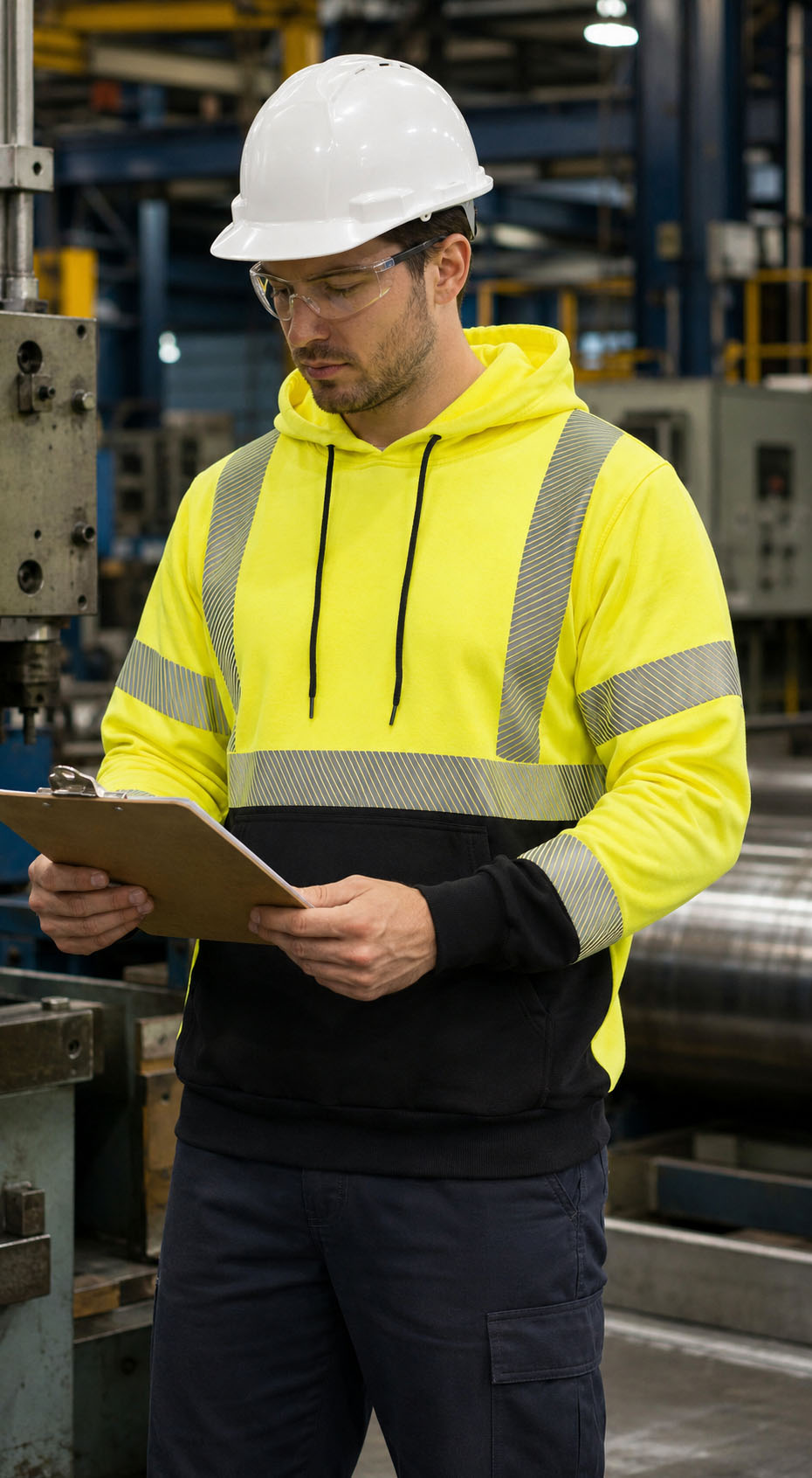 Industrial worker wearing high-visibility flame-resistant workwear in a manufacturing facility