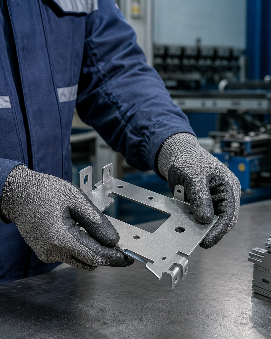 Industrial worker handling sheet metal in cut-resistant gloves for safety PPE and workwear solutions