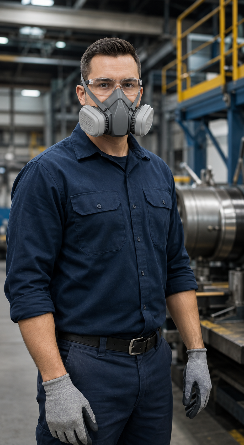 Industrial worker wearing a reusable half-mask respirator and safety glasses