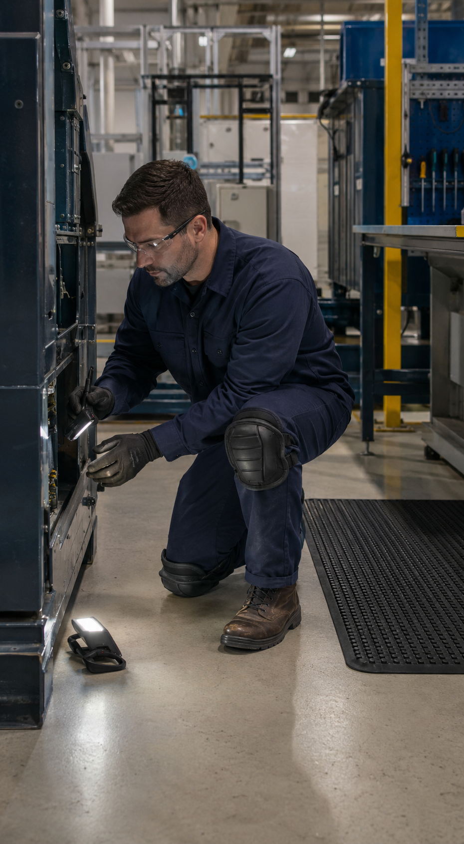 Maintenance worker using knee protection and portable task lighting in an industrial facility