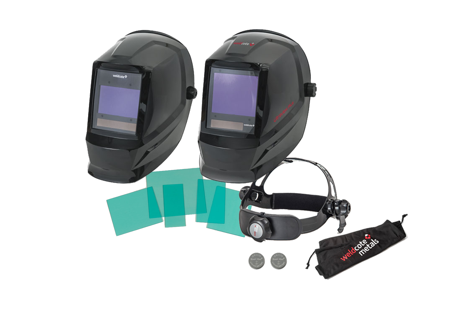Two Weldcote welding helmets with replacement lenses and headgear accessories