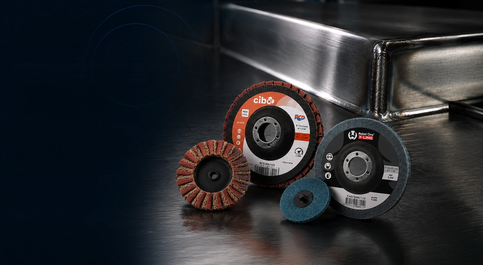 Cibo RCD flap discs and Rebel One unitized abrasives for industrial metal finishing
