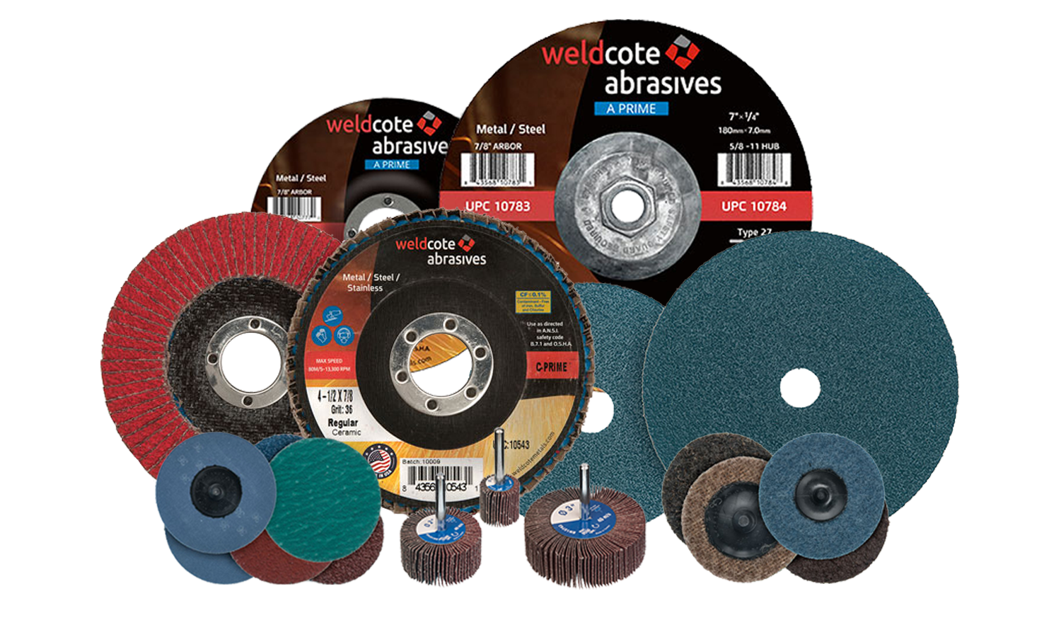 Weldcote flap discs, resin fiber discs, grinding wheels, quick-change discs, and surface conditioning abrasives